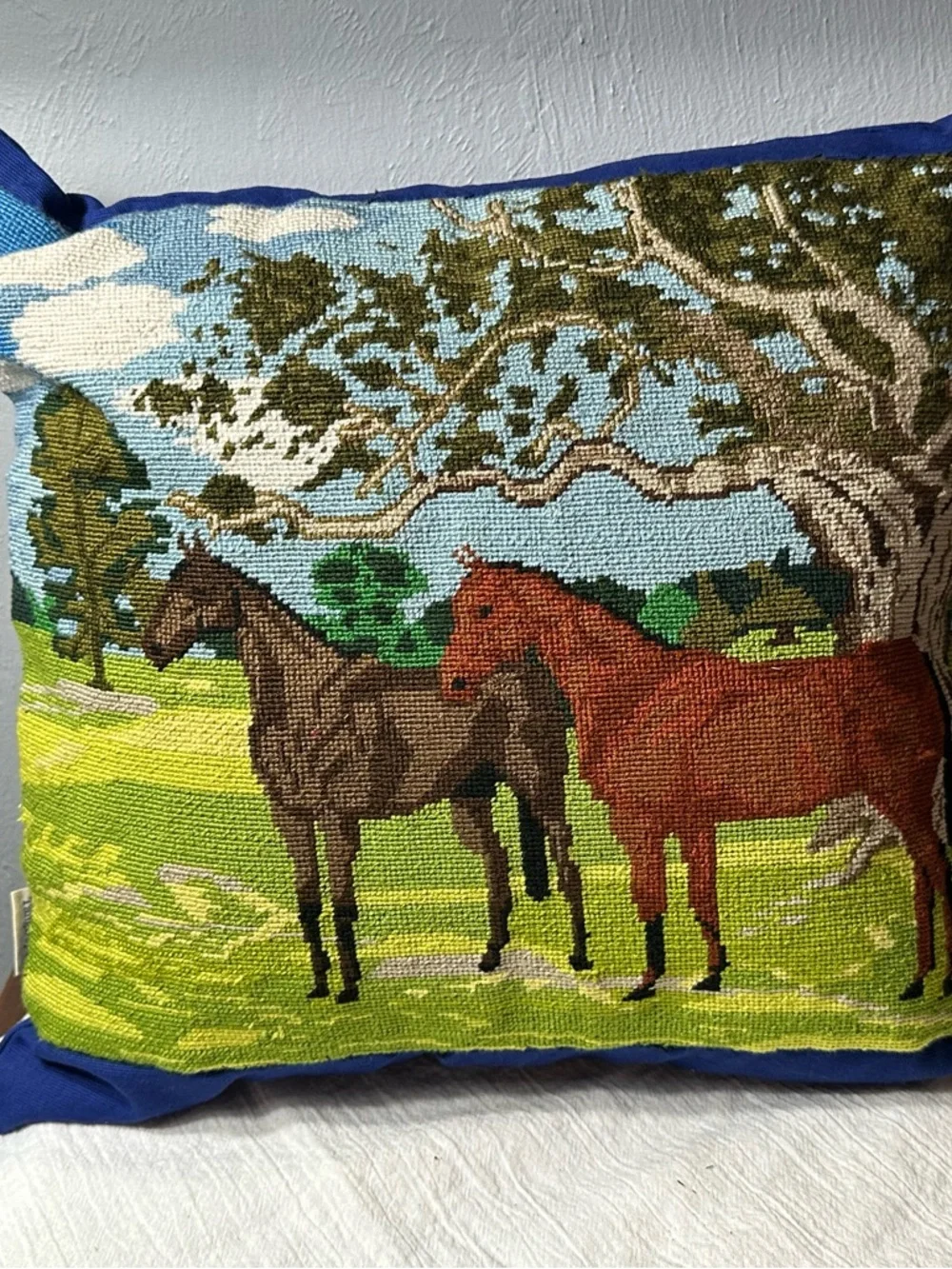 Horse Embroidered Needlepoint Pillow with Blue Backing - Picture 5 of 5